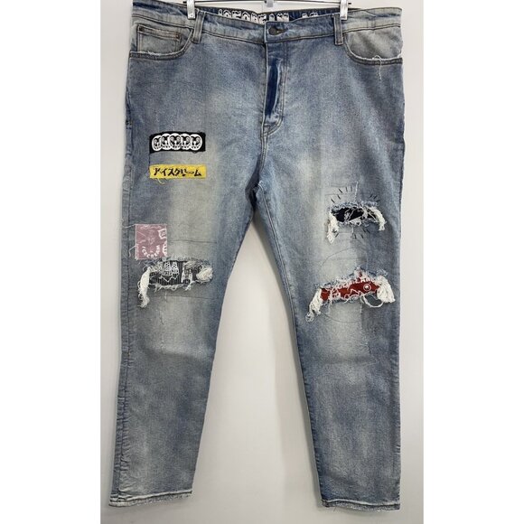 Icecream Baggy Jeans BBC Distressed Patches Hip Hop Y2K Streetwear Mens 42x32 - Picture 1 of 16